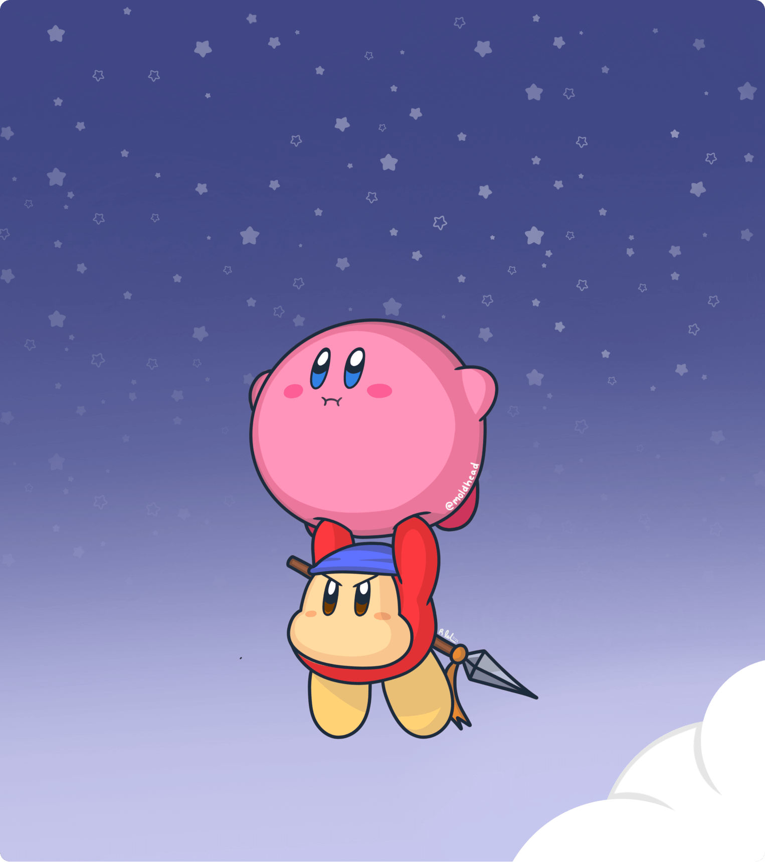 Kirby and Waddle Dee illustrated flying in the sky, capturing a joyful and fantastical moment